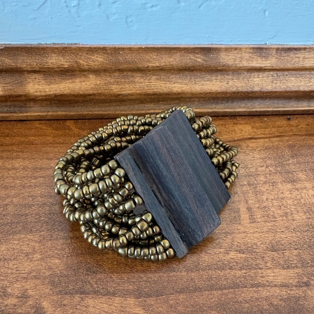 Handmade Wood, Gold and Brown Beaded Bracelet